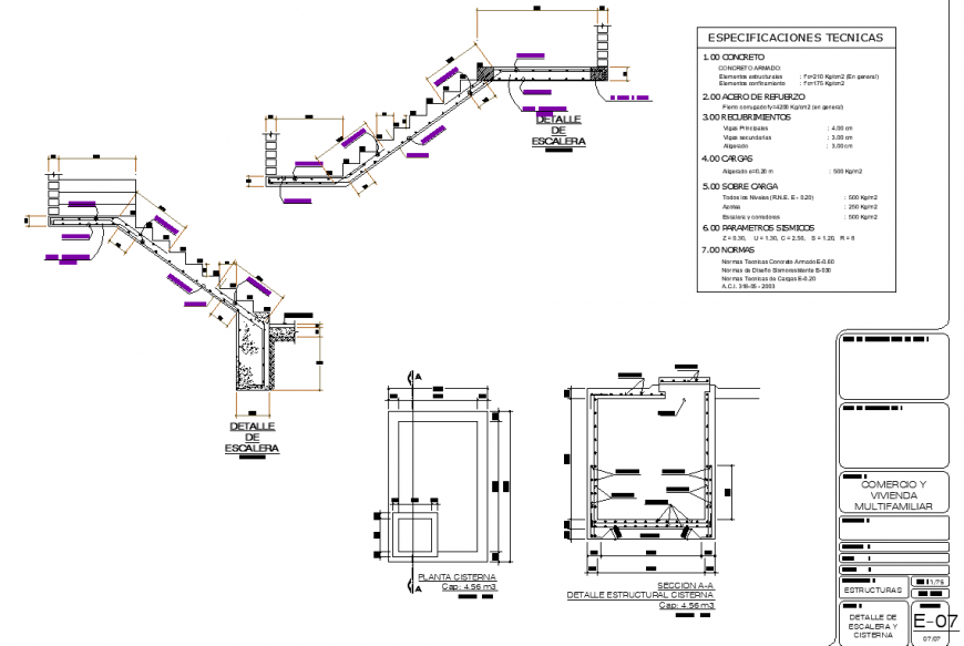 Staircase and water tank construction drawing in dwg file.