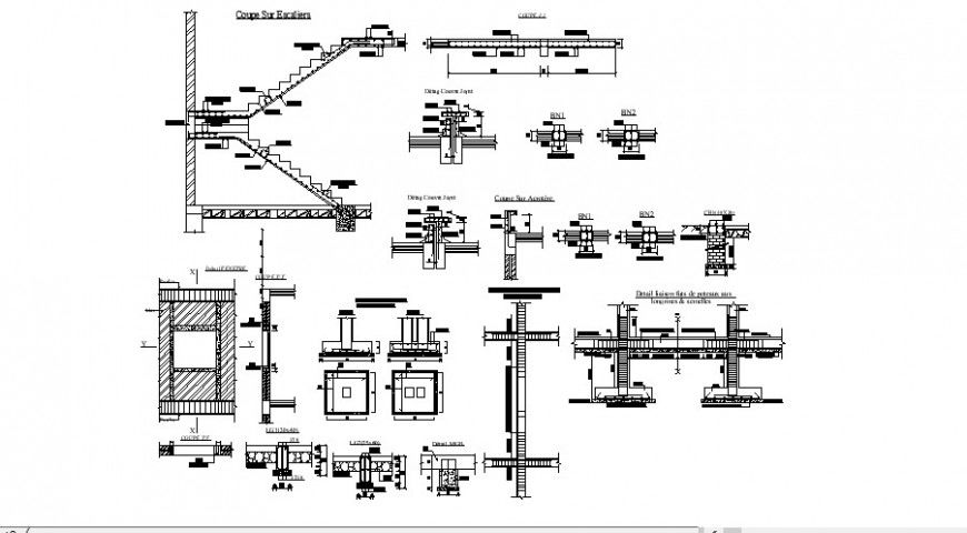 Staircase construction, column and constructive structure details of house dwg file