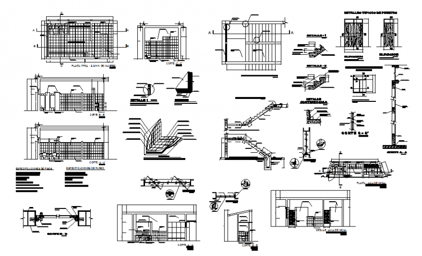Staircase construction and door installation cad drawing details dwg file
