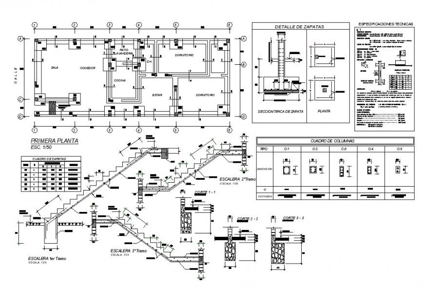 Staircase construction and housing plan detail 2d view CAD structural detail layout dwg file