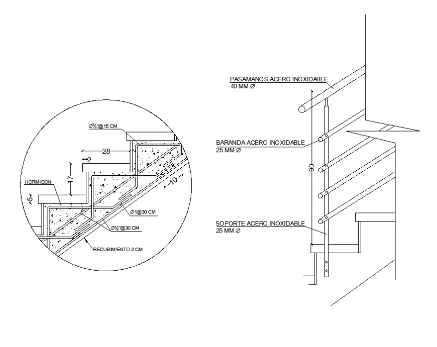 Staircase construction detail 2d view layout file in dwg format