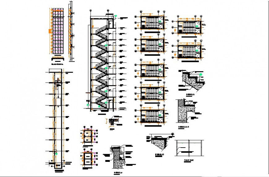 Staircase construction detail plan, elevation and section 2d view CAD construction autocad file