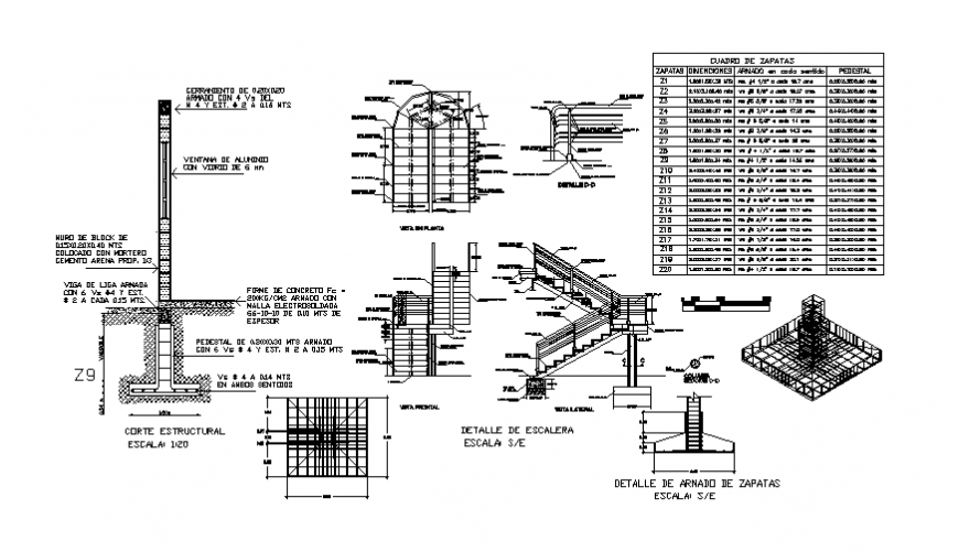 Staircase construction details with column and beam cad structure details dwg file
