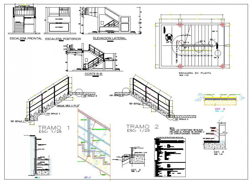 Staircase construction detial plan and elevation 2d view CAD structural block layout dwg file