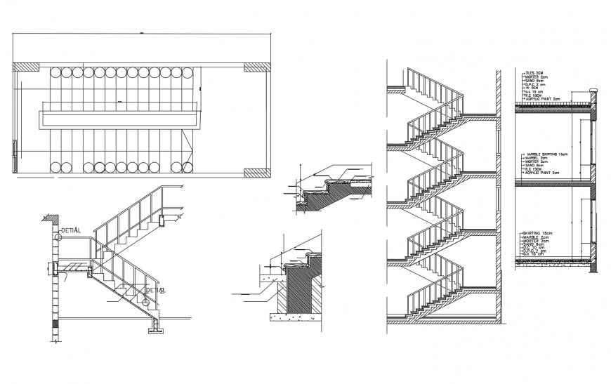 Staircase construction plan and elevation 2d view autocad file