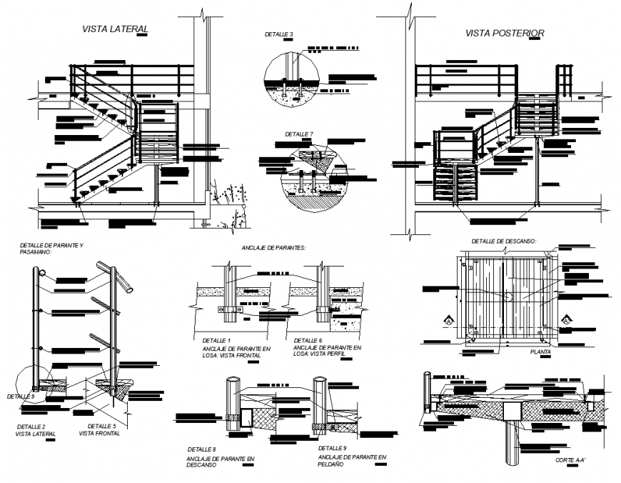 Staircase construction plan and elevation 2d view layout file