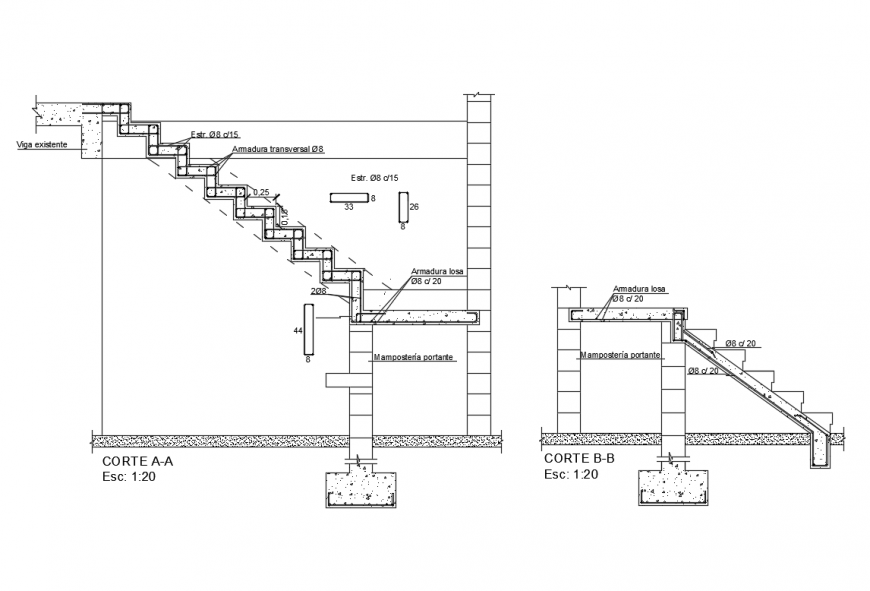 Staircase construction with broken ladder cad structure details dwg file