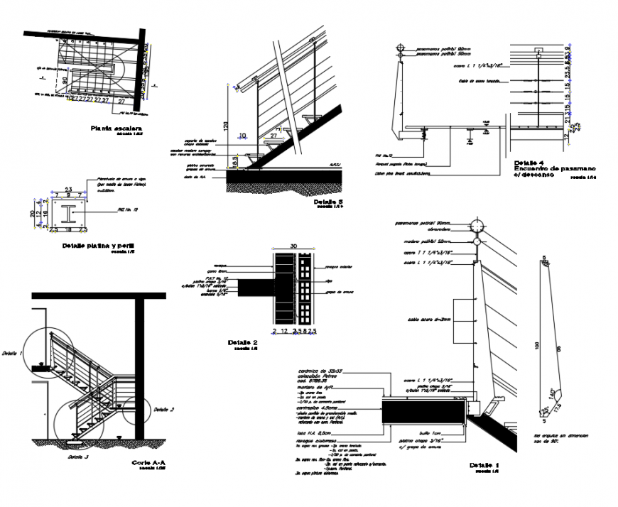 Staircase constructive and sectional details of building dwg file