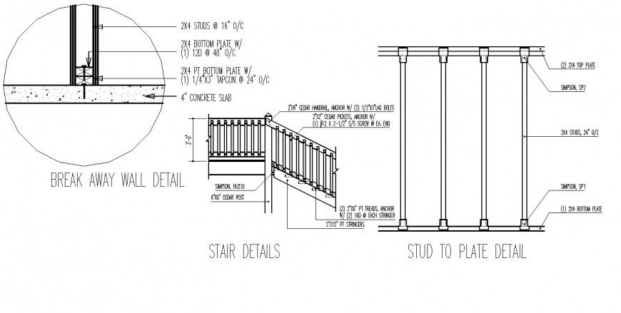 Staircase detail stud to plate drawing in dwg file.