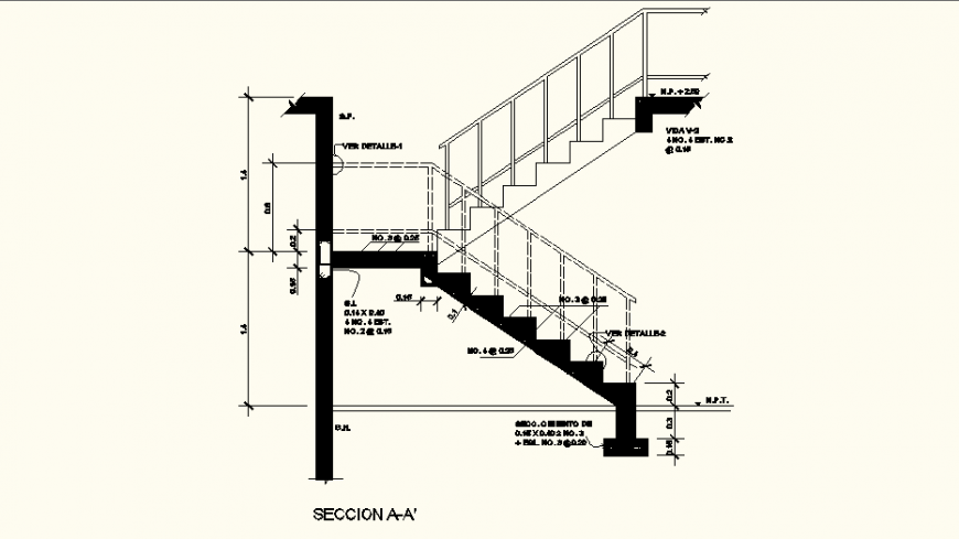 Staircase detail elevation and section dwg file
