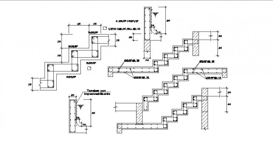 Staircase foundation, section and constructive details dwg file