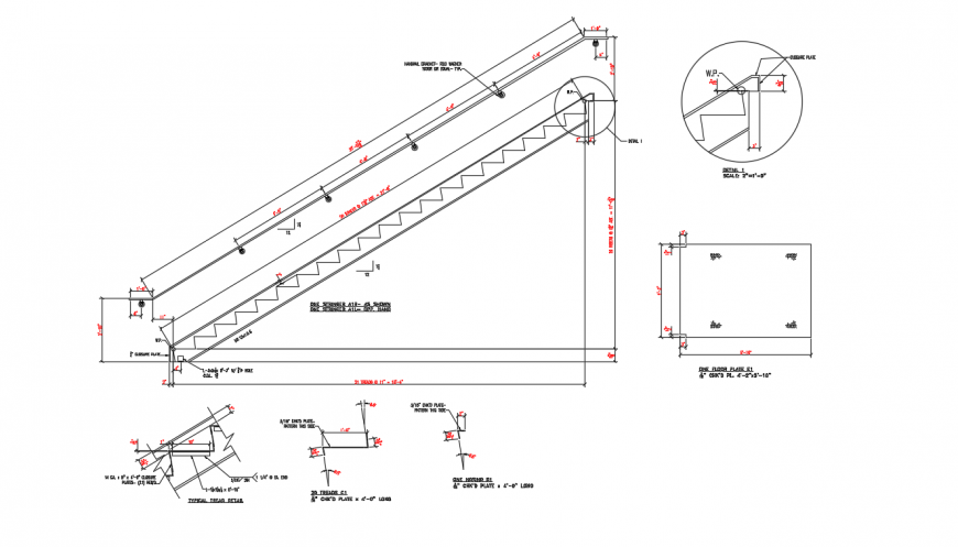 Staircase main section and construction cad drawing details dwg file