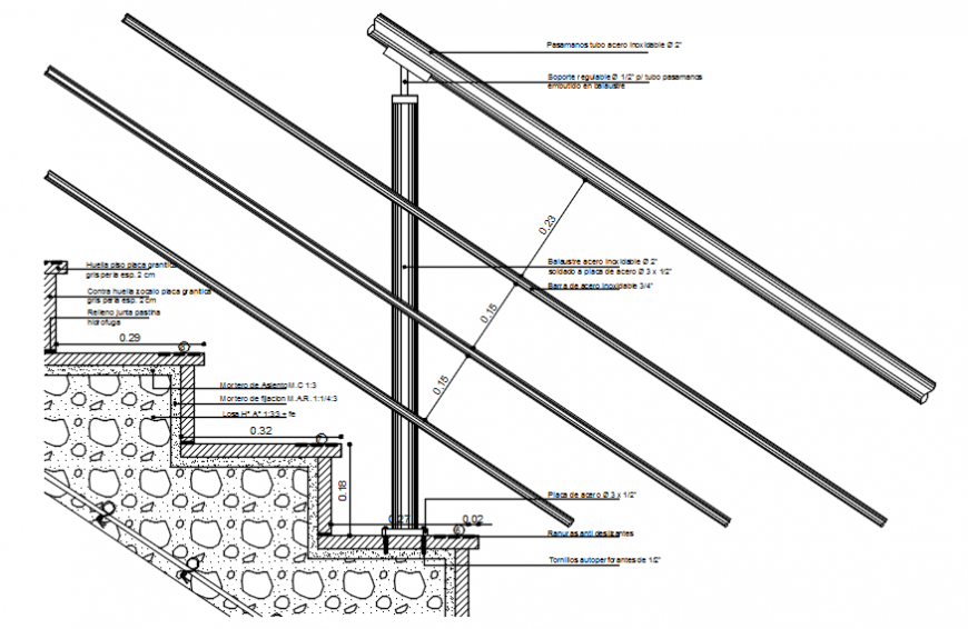 Staircase main section and constructive structure drawing details dwg file