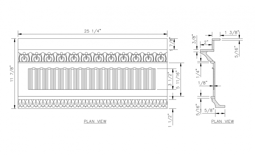 Staircase railing elevation and moulding drawing details dwg file