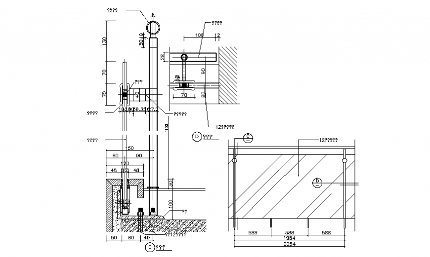 Staircase railing section and plan details dwg file