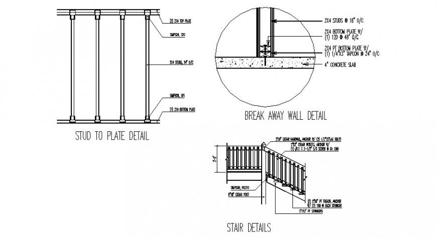 Staircase section, break away wall and construction details dwg file