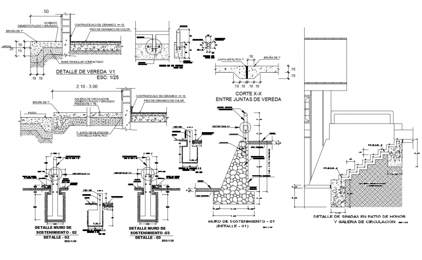 Staircase section, construction and footing details with wall of garden dwg file