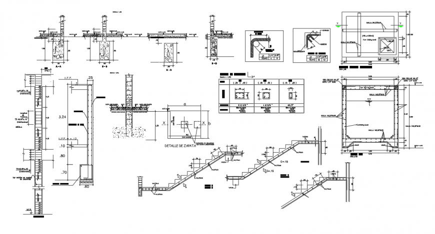 Staircase section, footings and constructive structure details dwg file