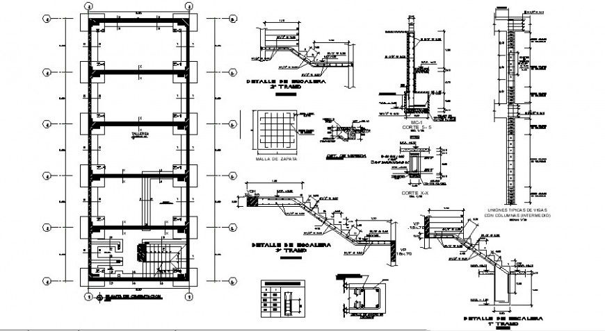 Staircase section, foundation plan and constructive structure cad drawing details dwg file