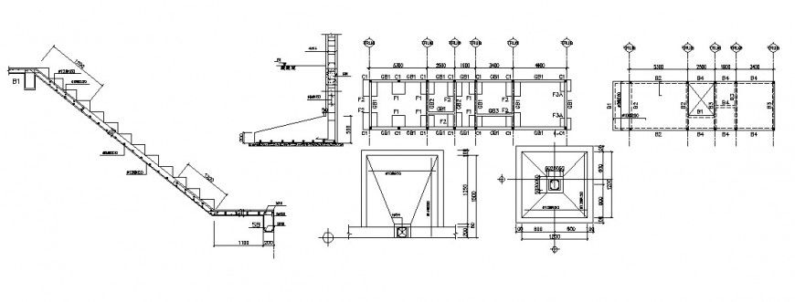 Staircase section, foundation plan and structure details of house dwg file