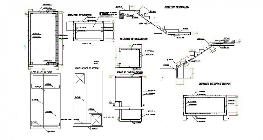 Staircase section and construction details with column of hotel floors dwg file