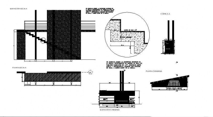 Staircase section and constructive structure details for fire place dwg file