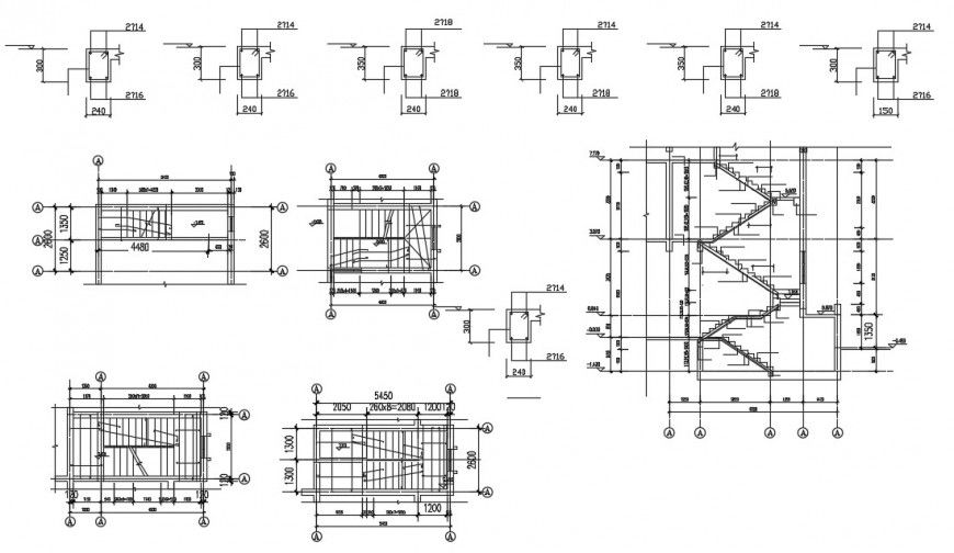 Staircase section and constructive structure with column for house dwg file