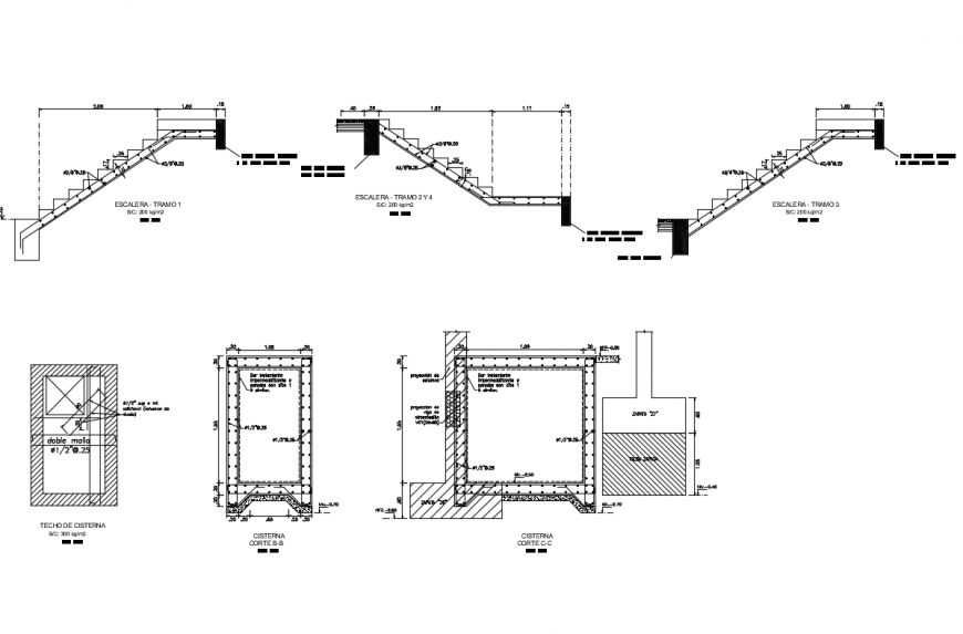 Staircase sectional and water tank construction details of flats dwg file