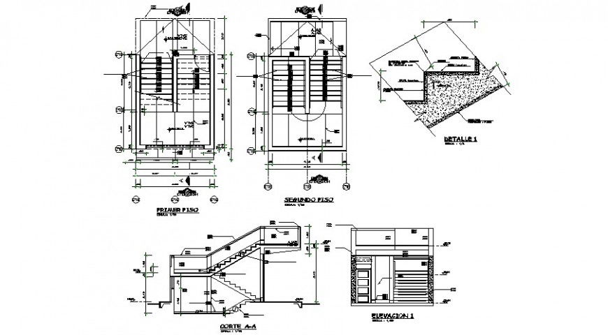 Staircase sections, plan and constructive structure cad drawing details dwg file
