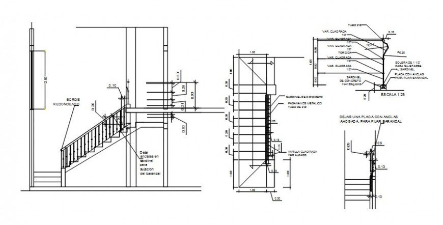 Staircase with handrail section and carpentry details dwg file