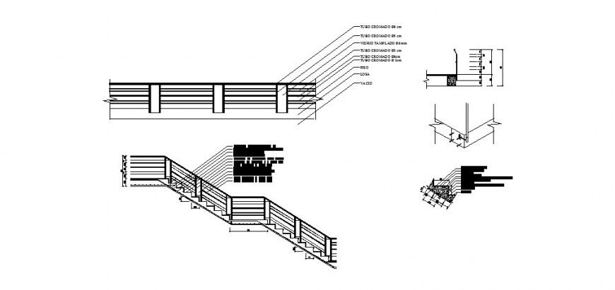 Staircase with railing for house constructive section cad drawing details dwg file