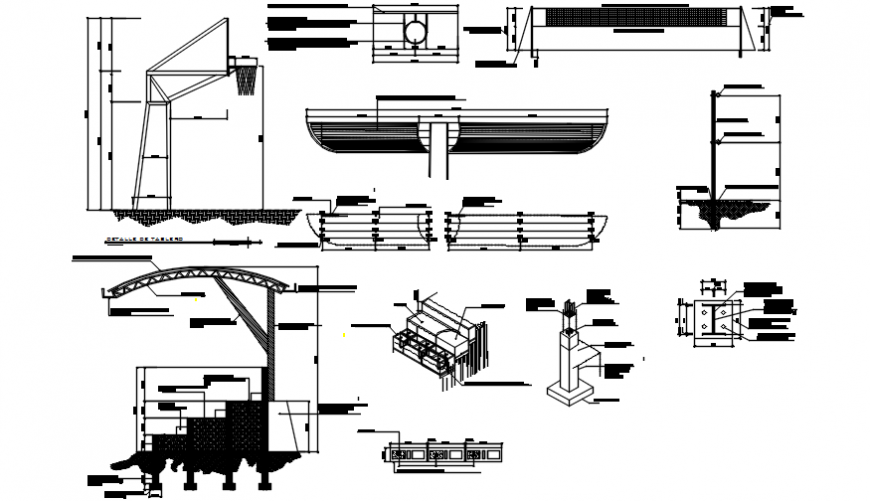 Staircases and roof of sports court section and structure details dwg file