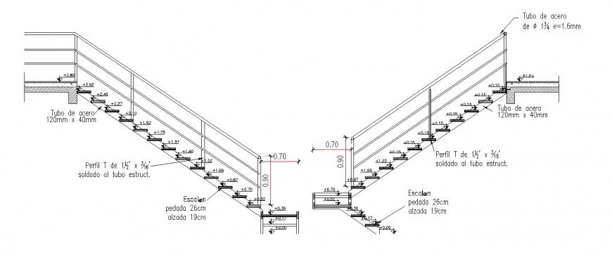 Staircases both sided section and constructive structure drawing details dwg file