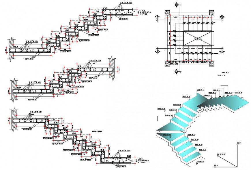 Staircases elevation, all sided section and structure drawing details dwg file