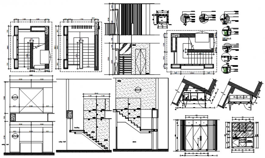 Staircases for garden sections, plan and constructive structure drawing details dwg file