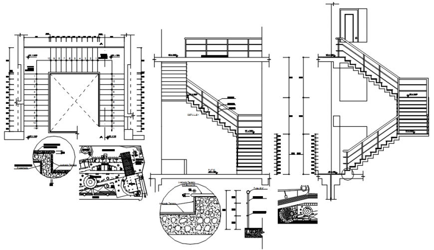 Staircases for house sections, plan and construction drawing details dwg file