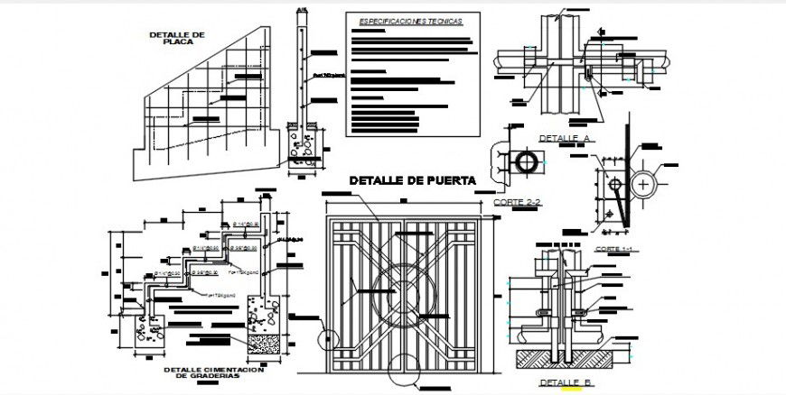 Staircases for sports center section and construction details dwg file