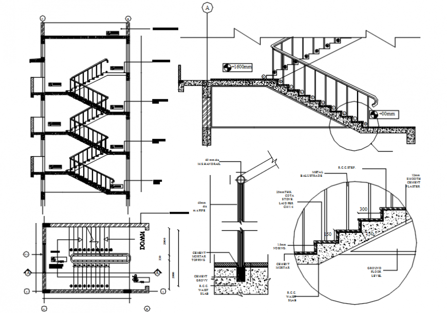 Staircases for three story building sections and construction drawing details dwg file