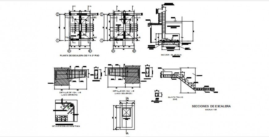 Staircases of all floors section and constructive structure details dwg file