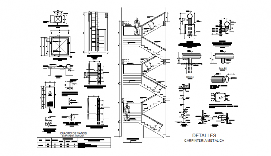 Staircases of building sectional and constructive structure details dwg file