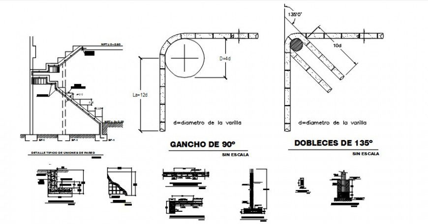 Staircases of house section and constructive structure drawing details dwg file