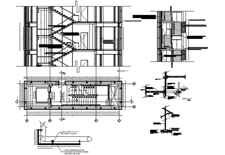 Staircases of three story building sections and constructive structure details dwg file