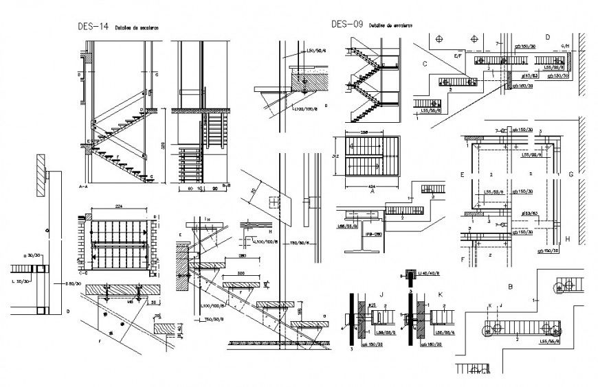 Staircases of two story house section and constructive structure details dwg file