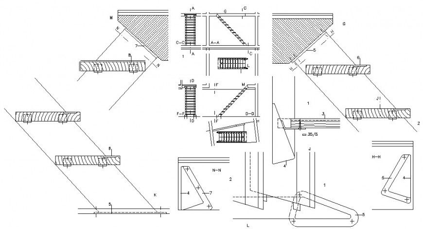 Staircases section, construction and structure auto-cad drawing details dwg file