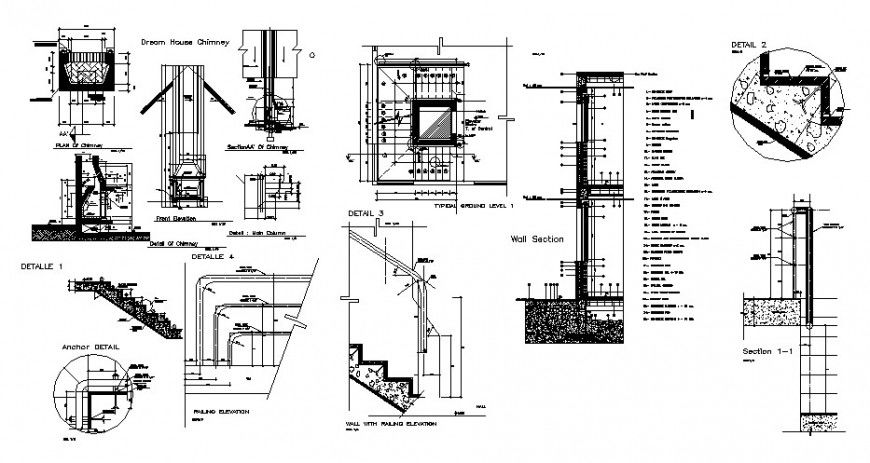 Staircases section, construction and structure details for house dwg file