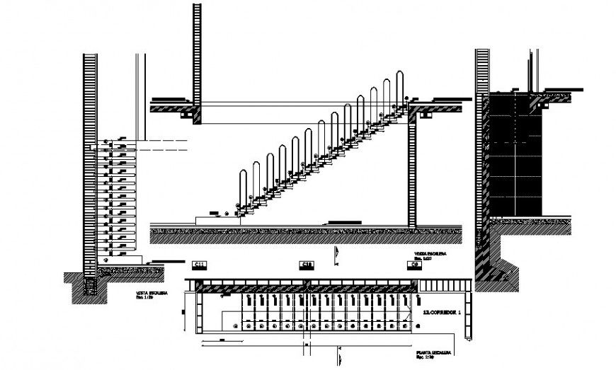 Staircases section, constructive plan and structure drawing details dwg file