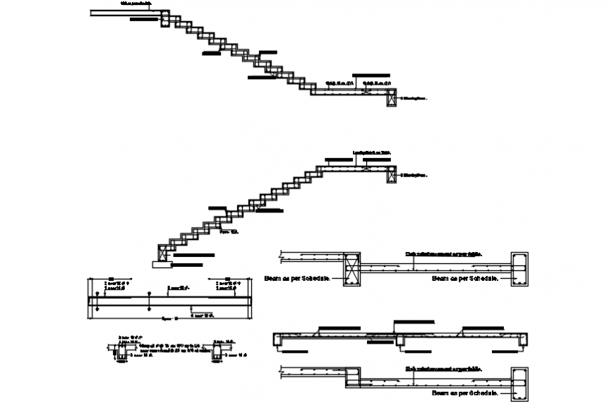 Staircases section, constructive structure and beam bar cad drawing details dwg file