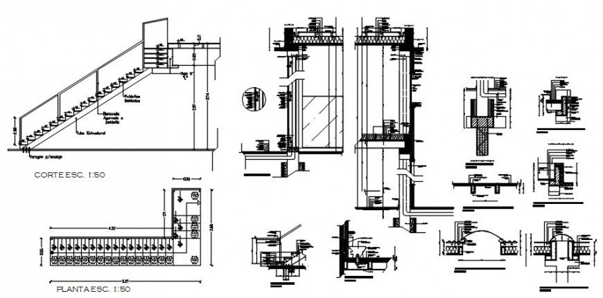 Staircases section, framing plan and structure details dwg file