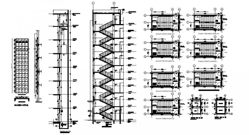 Staircases section and constructive structure details for apartment building dwg file