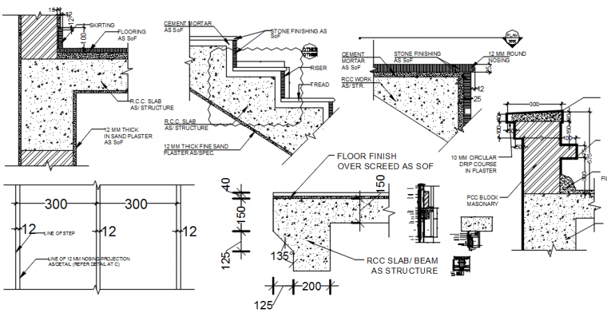 Staircases sections and constructive structure details for apartment 2d building dwg file